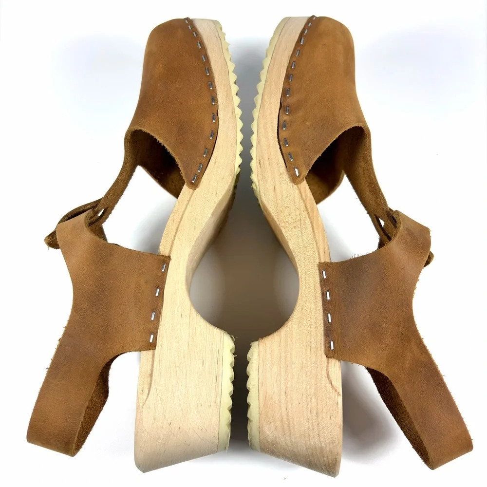Lotta From Stockholm Wooden Clog Sandals Womens EU 40 Brown Leather Ankle Strap - Picture 5 of 10
